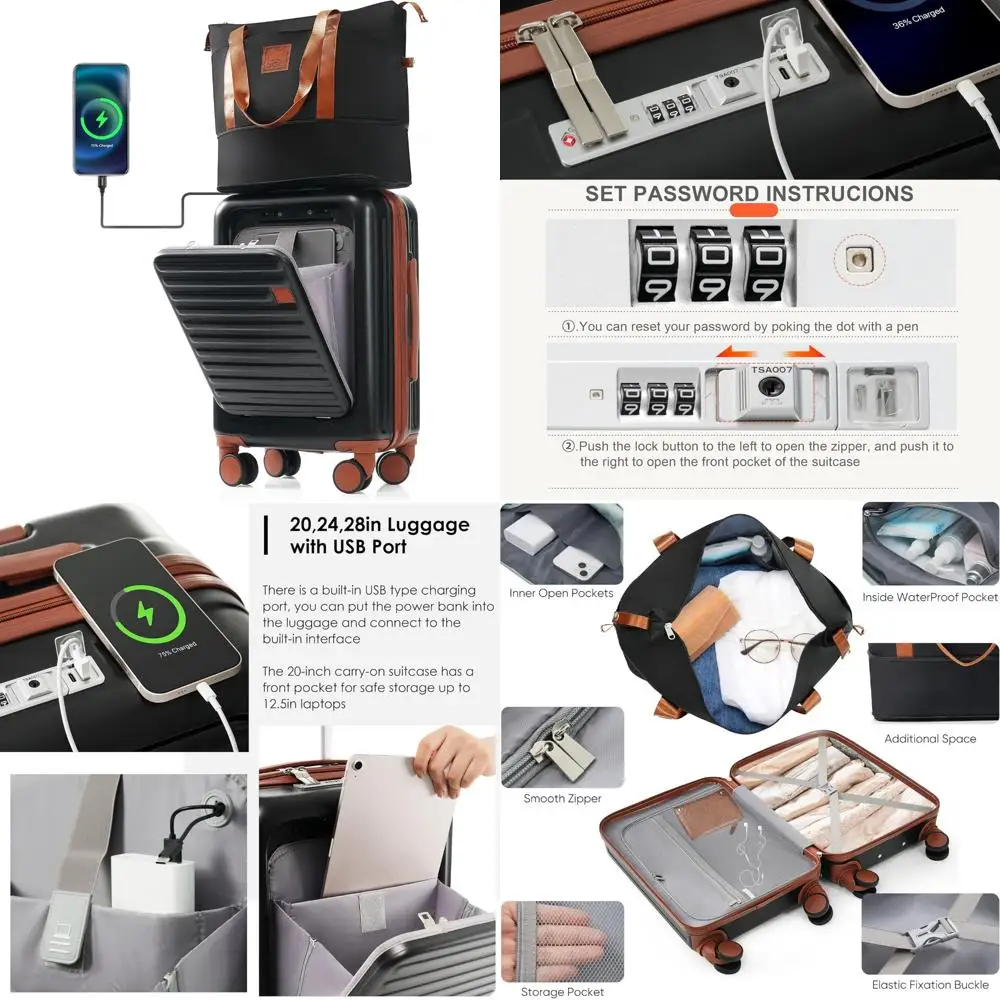 

20-Inch Travel Luggage with Cup Holder and USB Port, Black, Including Cosmetic Carry Bag for Enhanced Convenience