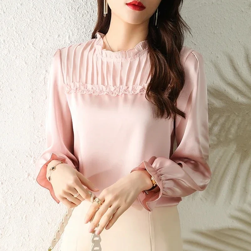 Spring Women Ruffles Pink Chiffon Blouse Shirt Women Tops Long Sleeve Blouse Women Blusas Mujer De Moda 2024 Blouses Shirts F450