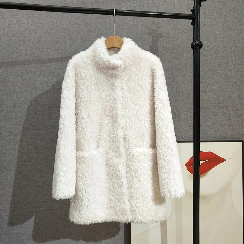 Minimalist Style Stand-up Collar Sheep Shearling Coat Women Mid-length Casual and Warm Winter Jacket JT516