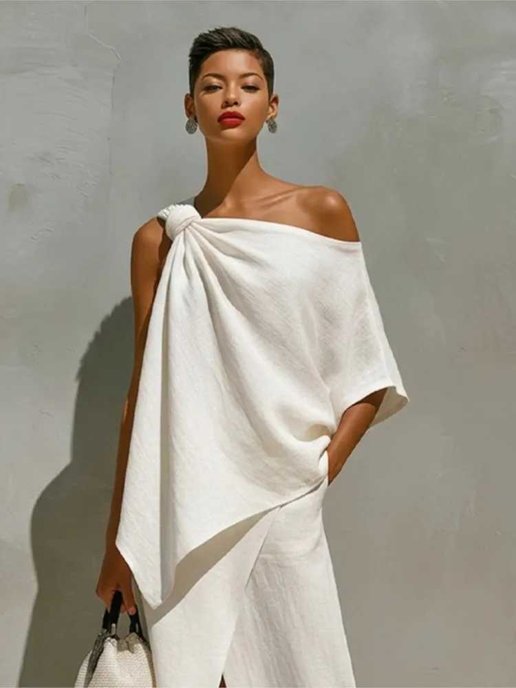 Summer Solid Irregular Two Piece Set Women Off Shoulder Knotted Top & High Slit Maxi Skirt Suit Elegant Casual Vacation Outfits image 5