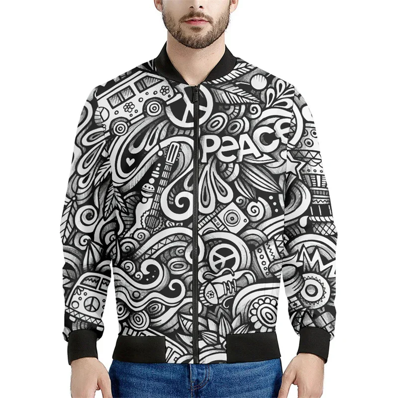 Vintage Ocean Wave Pattern Zipper Jacket For Men Feather Peace Bus 3D Printed Long Sleeves Casual Loose Jackets Streetwear Coat