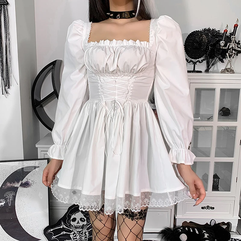 

New Fashion Women Lolita Corset Dress Adults Tie-Up Solid Color Square Collar Puff Sleeve Lace Club Party Hot Sale S M L