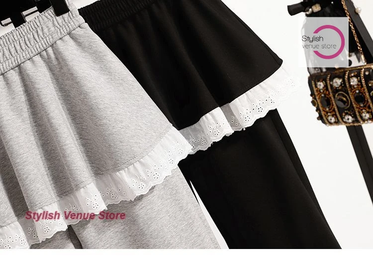 Korean lace pants female spring and autumn fake two fart curtain pants new skirt pants plus size loose slim bell bottoms.