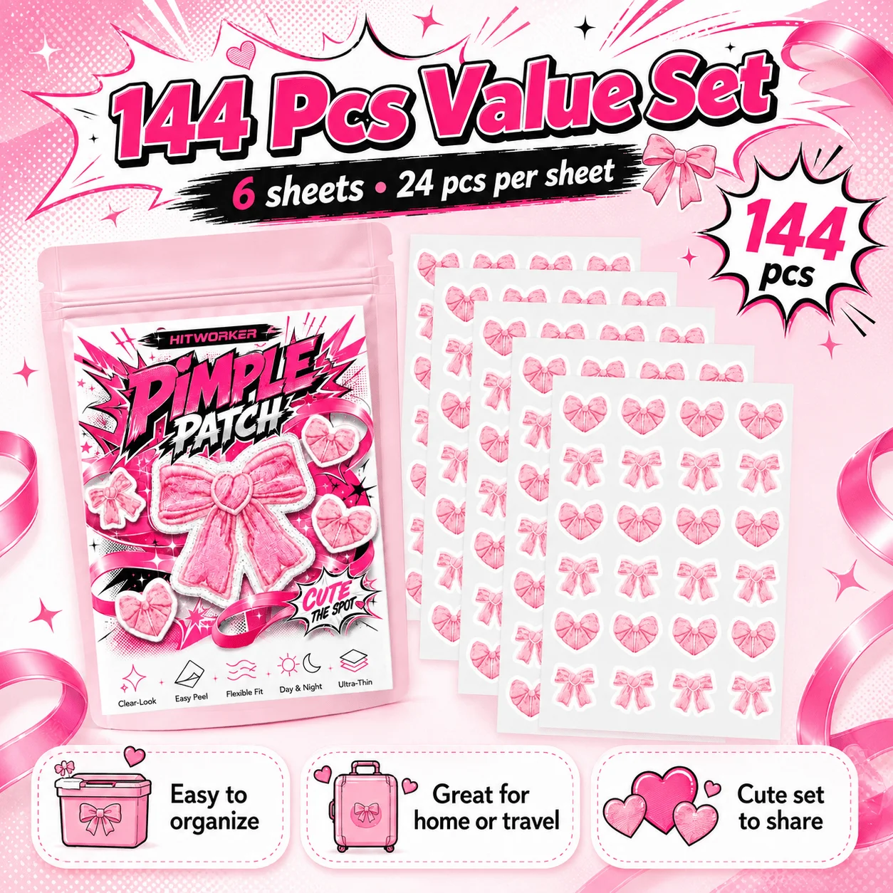 144Pcs Heart & Bow Face Patches, Cute Heart and Ribbon-Shaped Skin Care Stickers, Comfortable Fit, Easy Peel Design for Daily Be