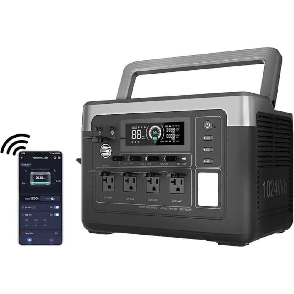 

P1000 PLUS 1800W Power Station(Peak 3600W), 1024Wh Solar Generator 1200W Fast Charging APP Emergency LiFePO4 Battery for Home