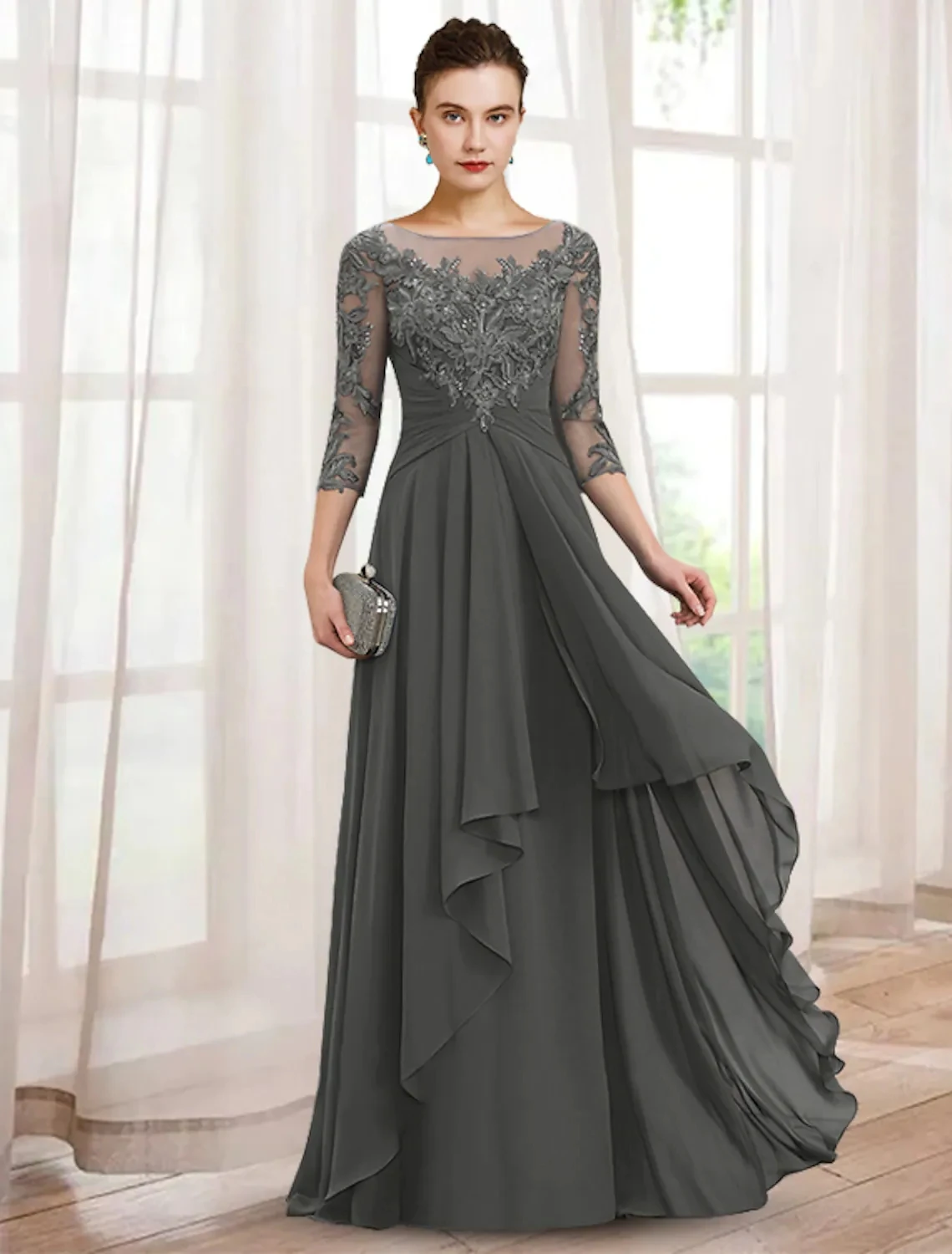 Abito per la madre della sposa a trapezio grigio elegante scollo a V lunghezza del pavimento Chiffon pizzo 3/4 maniche Appliques abito da festa Robe De Soiree