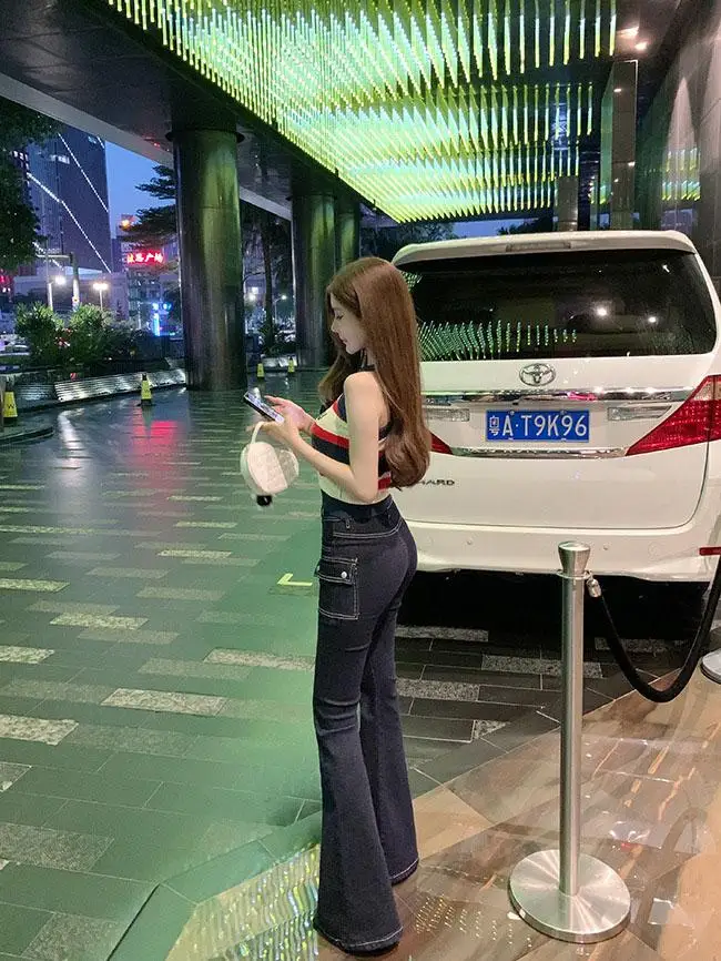 

Джинсы-клеш с высокой талией, прямые, темно-синие, для женщин, в стиле Spicy Girl, раннеосенний дизайн, облегающие, длинные, из эластичного хлопкового денима