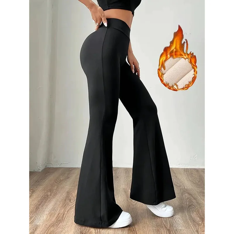 Ultradicke warme Leggings aus Lammwolle für Damen, Lift-Hüften, hohe Taille, schlanke Strumpfhosen mit weitem Bein, weibliche Winter-Thermo-Schwarz-Schlaghose