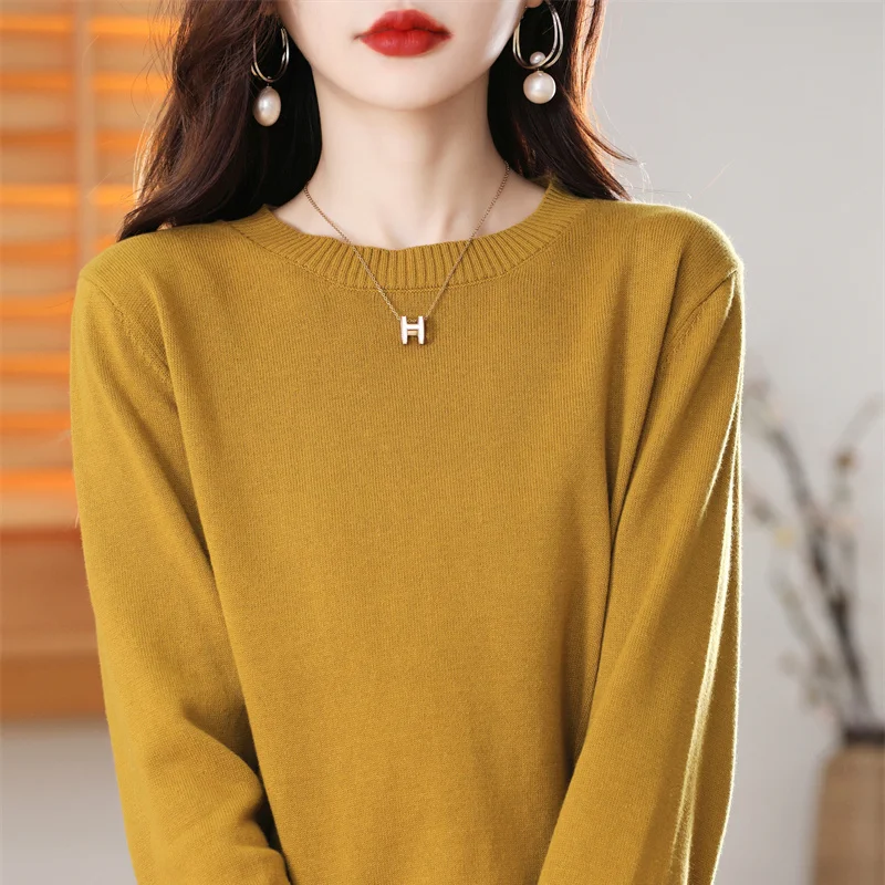 Women's 100% High-quality Cotton Knitted Sweater, Temperament Round Neck Top, Breathable And Versatile Pullover, Long Sleeved