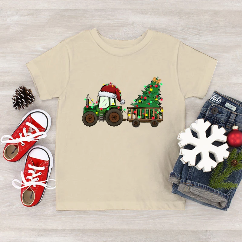 Tractor Farm Christmas Tree Print Boys Girls T-Shirt Funny White Black Red Xmas Gifts Tees Merry Christmas Cartoon Kids Tshirt