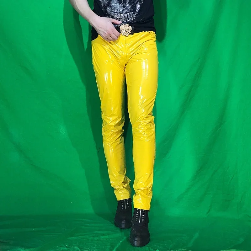 

Мужские узкие эластичные брюки из искусственной кожи, весенне-осенние мотоциклетные брюки из искусственной кожи, бар, рок-певец, танцевальный костюм в стиле хип-хоп