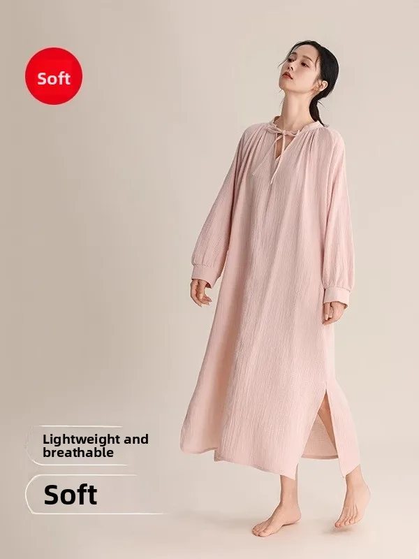 

Cloud Cotton Sp Dr Women Long Sve Gauze Nightgown Spring Autumn V-ne Loose Long Dr Home Dr Casual Home