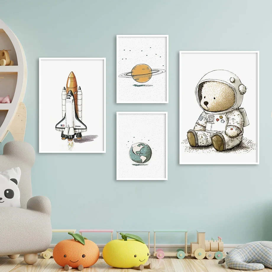 صاروخ القمر الأرض الفضاء الدب رائد الفضاء الكرتون الملصقات من جدار الفن مجموعة قماش يطبع صور Kawaii الطفل غرفة الاطفال ديكور المنزل