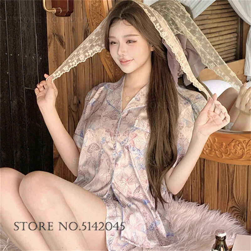 Summer New Women's Sleepwear Pajamas Set French Romantic Style Print Butterfly Flower Pyjama Femme Homewear Loose Loungewear