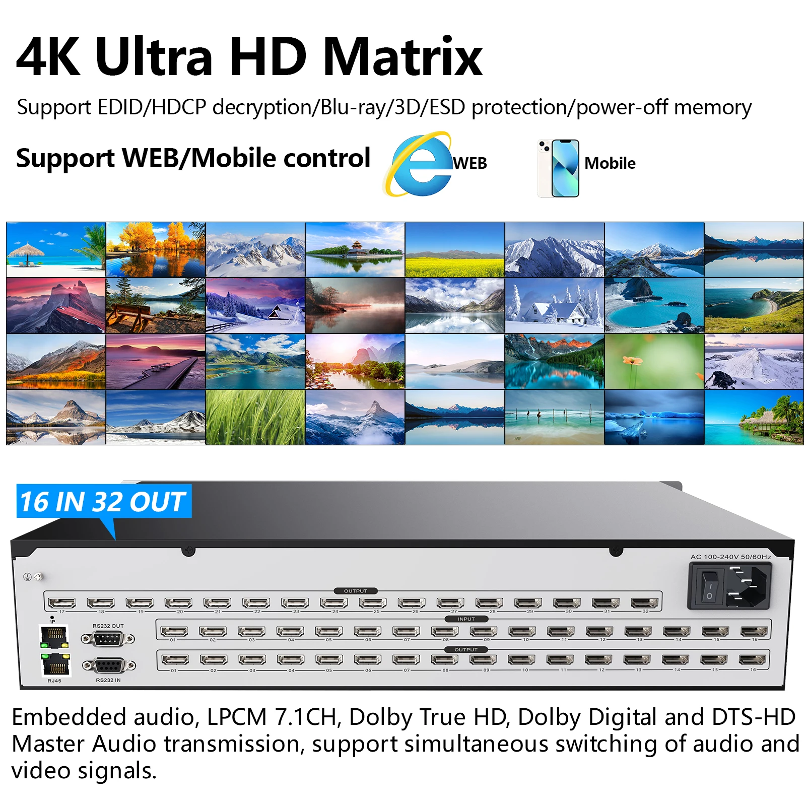 

Matrix Switch 16x32 4K 30Hz 1080P 120Hz Profesional Matrix Switch Splitter For HDMI 16in 32out HDCP Blu-ray 3D WEB/Panel/Remote