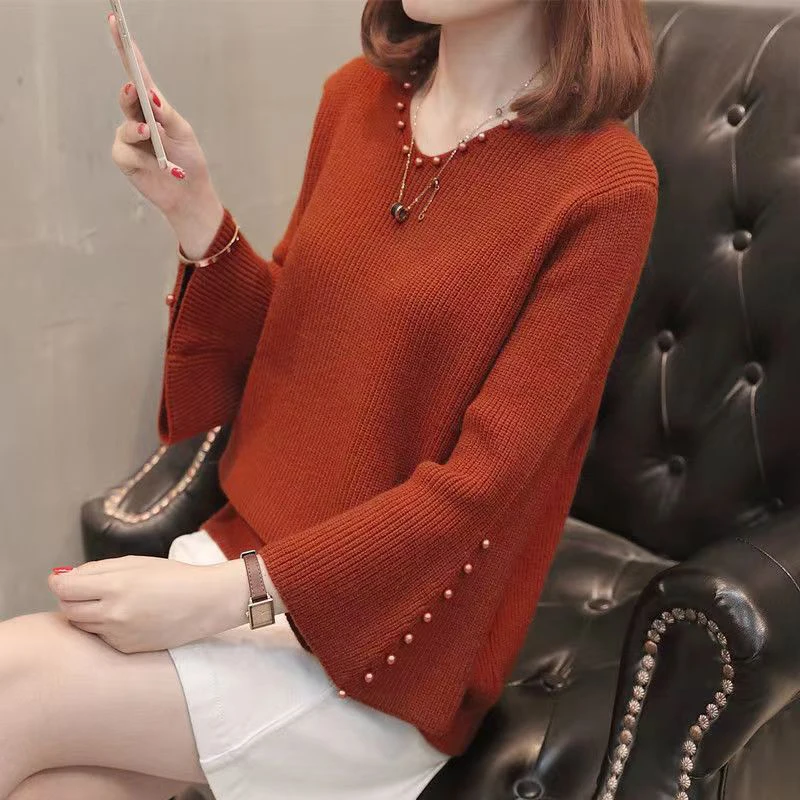 Autumn Winter Warm Pearls V-neck Flared Sleeve High Elastic 2023 Solid Color Knit Women Sweater Jumper Elegant Sweet Pullov Top