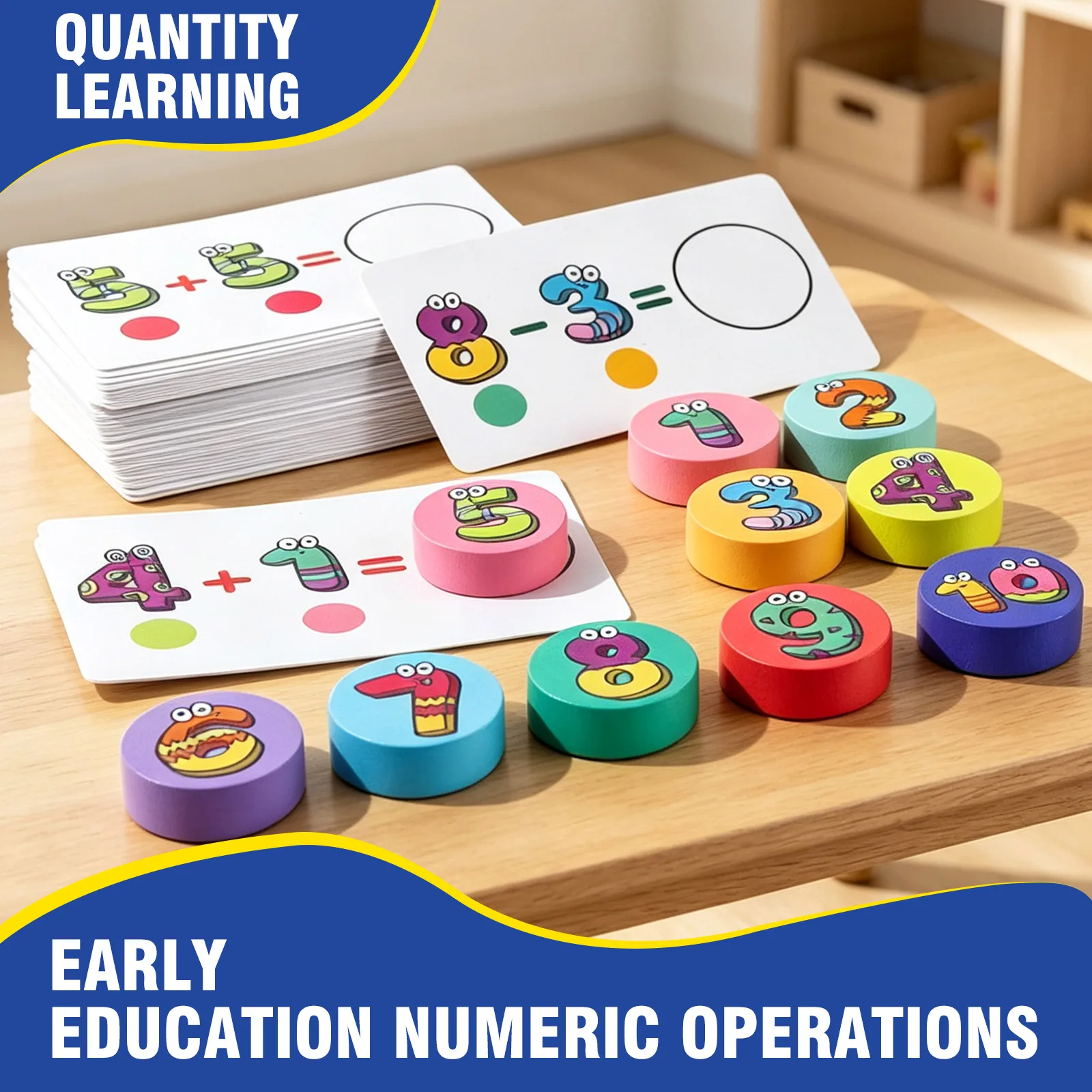 MQUDUO Kids STEM Math Educational Toy, Number Matching Game with 48 Addition Subtraction Cards and Colorful Wooden Tokens