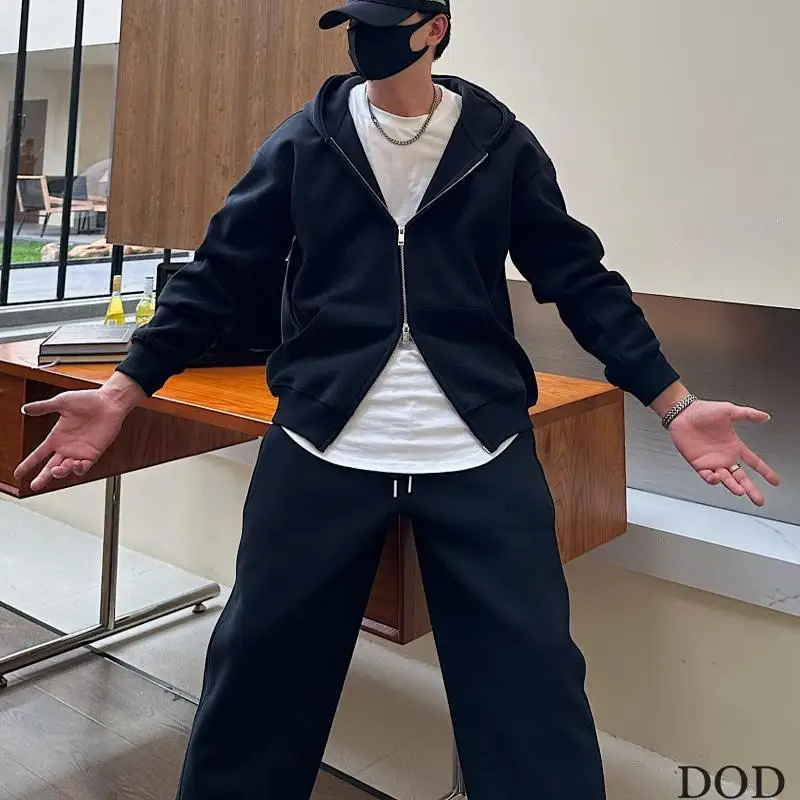 

Solid color hoodie pants, American style double zipper cardigan, men's and women's loose and simple daily hoodie and pants set