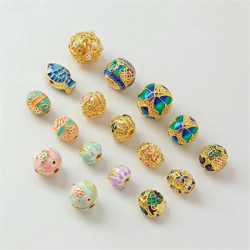 18K Copper Gold-plated Traditional Blue Firing Gold-swallowing Beast Round Bead Handmade DIY Bracelet with Loose Bead Accessorie