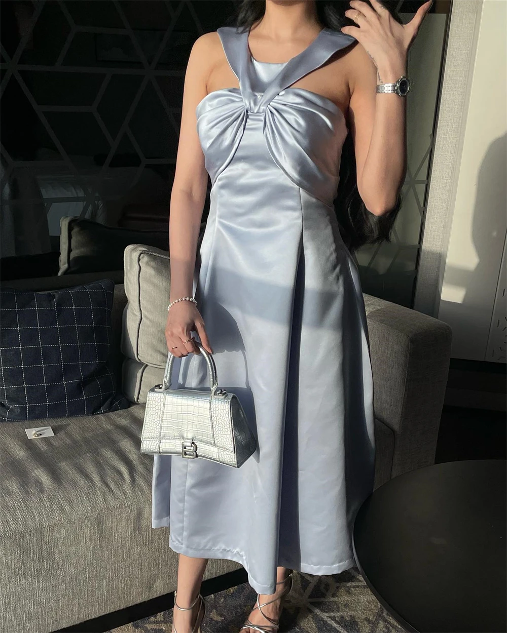 AsaNagi Silver Colour Satin Evening Dresses Halter Neck A-Line Simple Formal Party Gown Saudi Arabic 2023 robe soirée Low Price