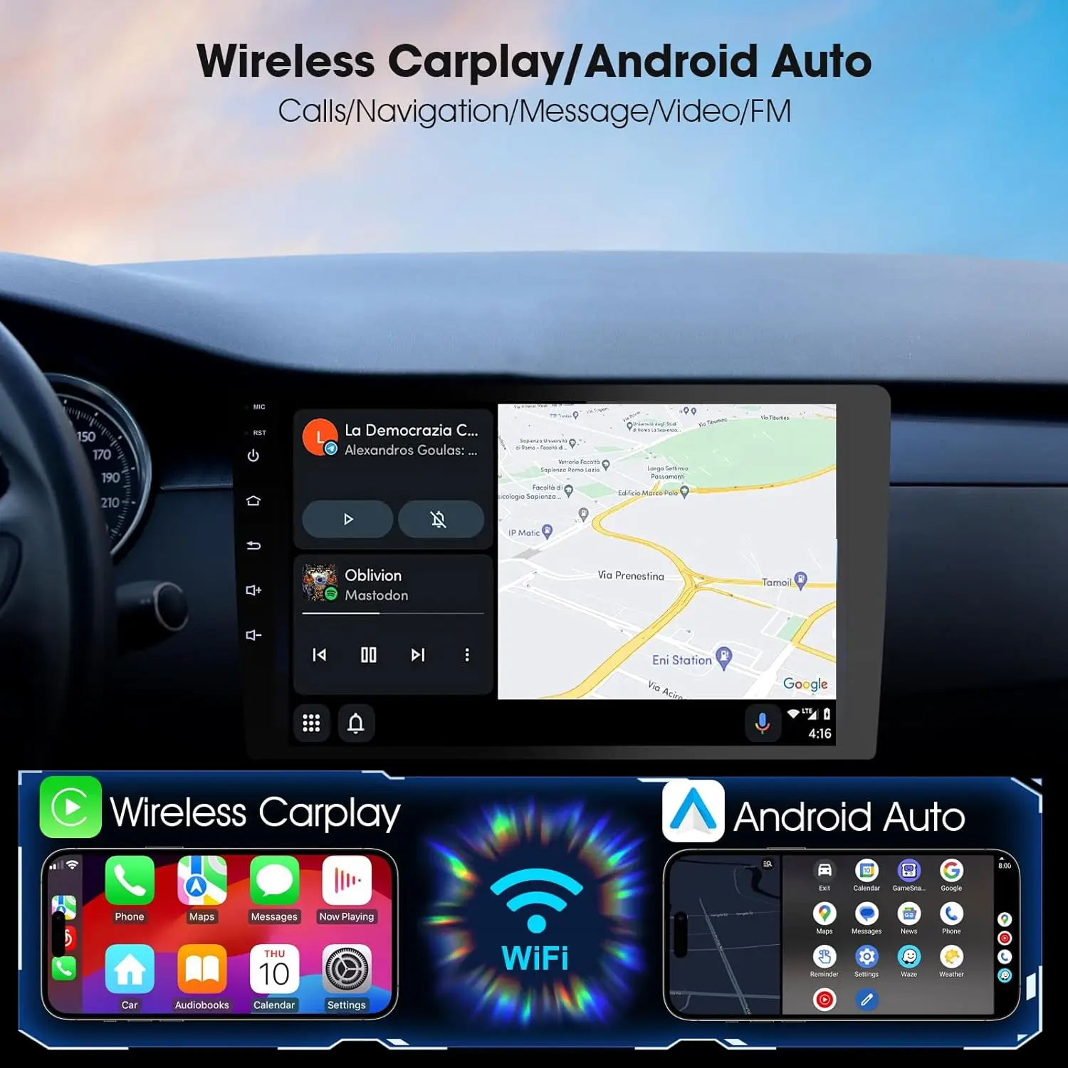 Estéreo de carro sem fio CarPlay e Android Auto de 9 polegadas com câmera de backup, navegação GPS, DIN duplo, ZLink