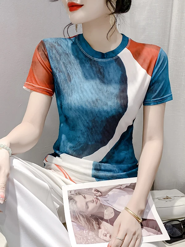 디자인 센세이션 컬러 블로 프린트 미 오르트 스웨 티셔츠 여성용 여름 신상 슬림 핏 편안한 베이스 레이어 티셔츠