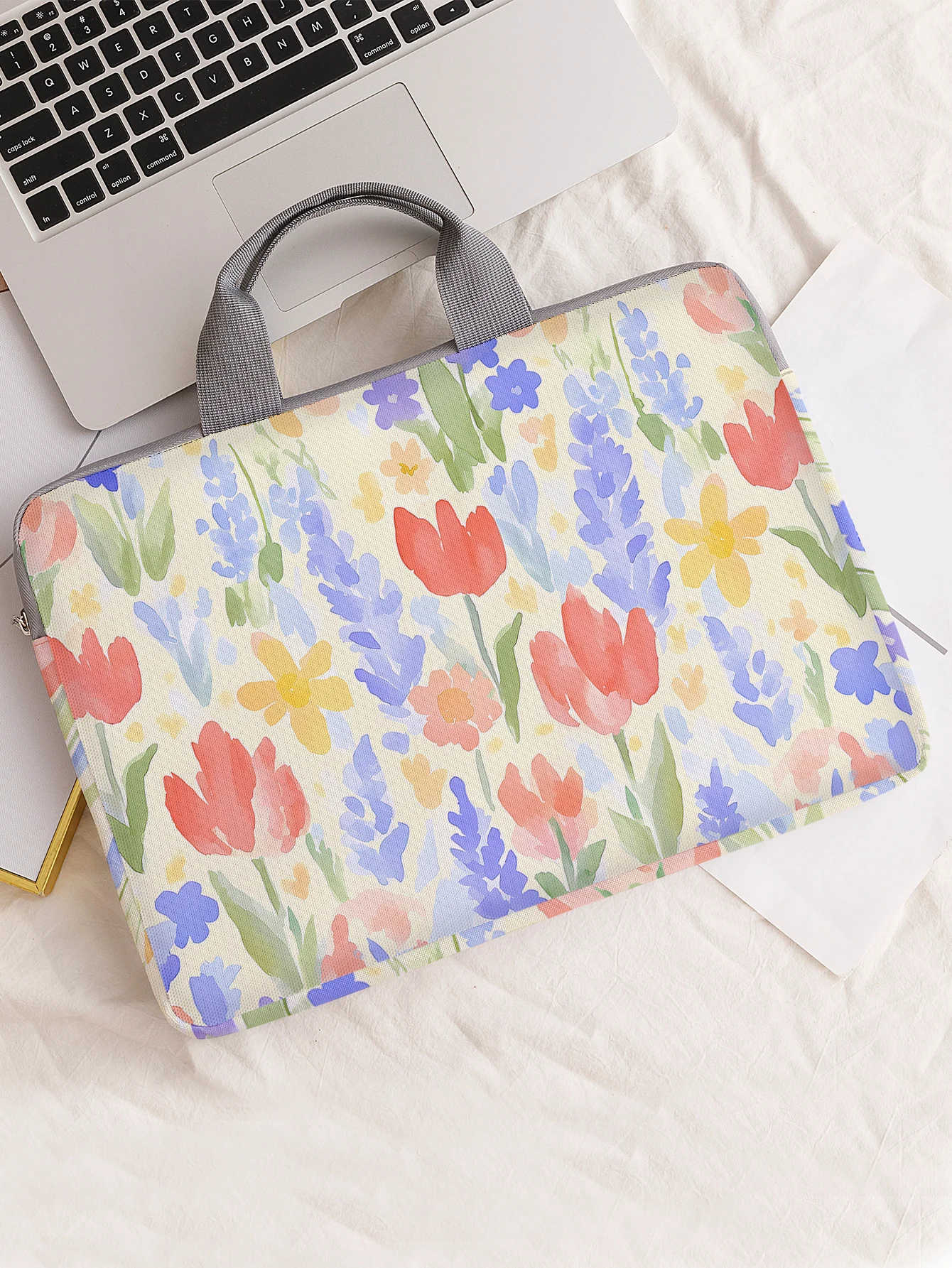 One Set, Two Styles, Colorful Watercolor Floral Printed Laptop Sleeve, Briefcase, Suitable for 14-inch Laptops