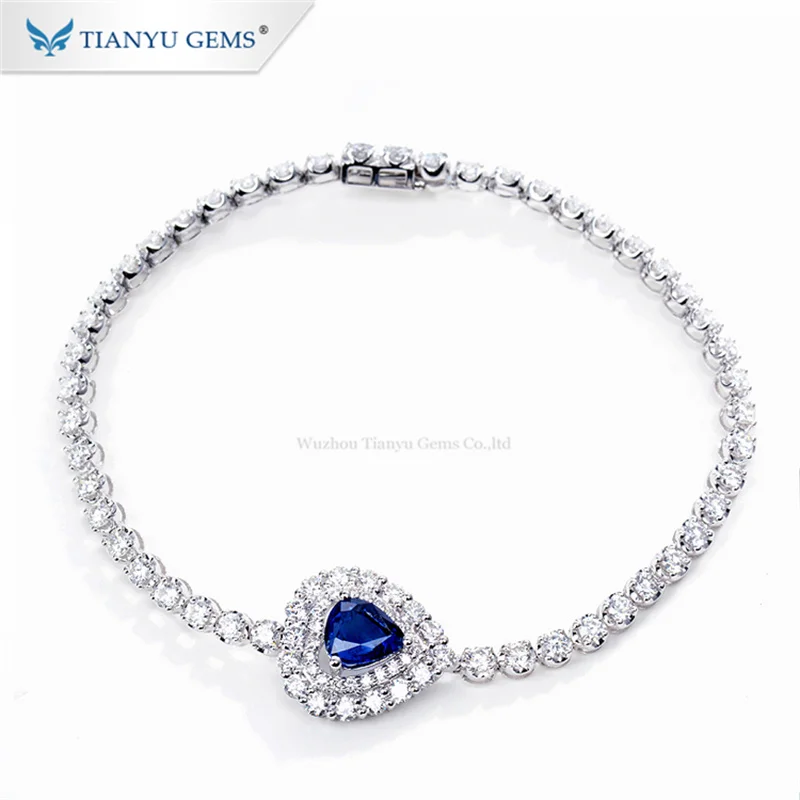 Tianyu Gems Luxury 6x8mm Pear Cut Blue Sapphire Bracelet for Women Moissanite Diamonds 14k 18K Solid White Gold Tennis Bracelets