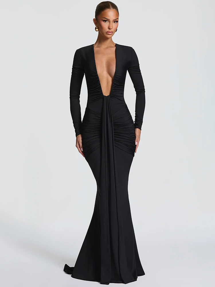 

Blifanbo Элегантное женское макси-платье с глубоким V-образным вырезом, драпировкой и сборками, облегающее, с длинным рукавом, для клуба и вечеринок