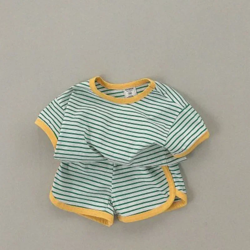 2024 Kids Girls Summer Cotton Clothing Suit 2Pcs Children Striped Short-Sleeve T-Shirt + Shorts Sets Baby Fashion Loose Outfits