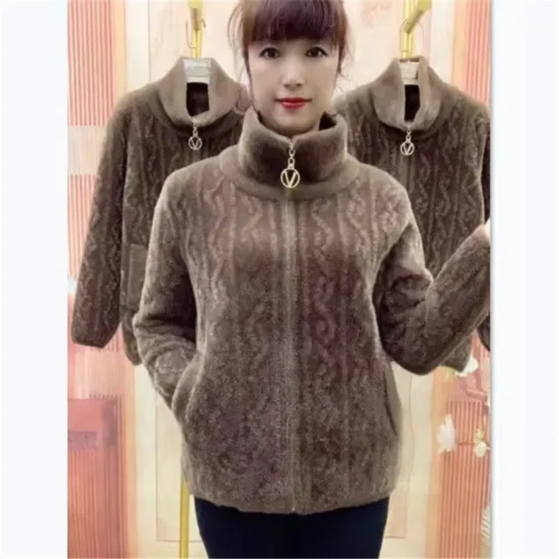 

Middle Aged Elderly Mother Imitation Mink Velvet Coat Winter Thicken Knitted Cardigan Sweater Women Casual Zipper Jacket Z586