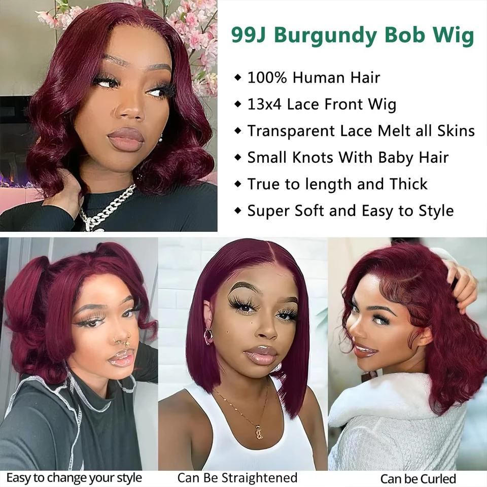 13x4 Lace Frontal 1B/99J Burgundy Body Wave Bob Human Hair Wigs Brazilian Human Hair Wigs Pre Plucked T Part Lace Wigs Remy Hair