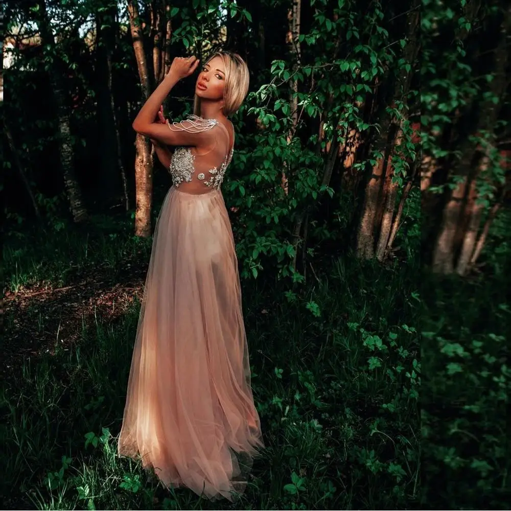 بوهو الشمبانيا فستان سهرة على شكل حرف a على شكل حرف v دانتيل مزين بالخرز كم كاب بدون ظهر شيفون طول الأرض فستان حفلات جديد