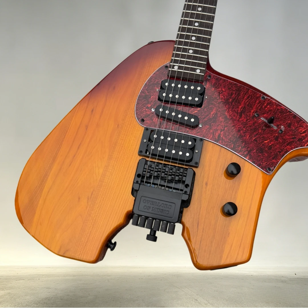 Sunburst Headless Electric Guitar, Asymmetrical Solid Body Guitar with Red Tortoise Shell Pickguard