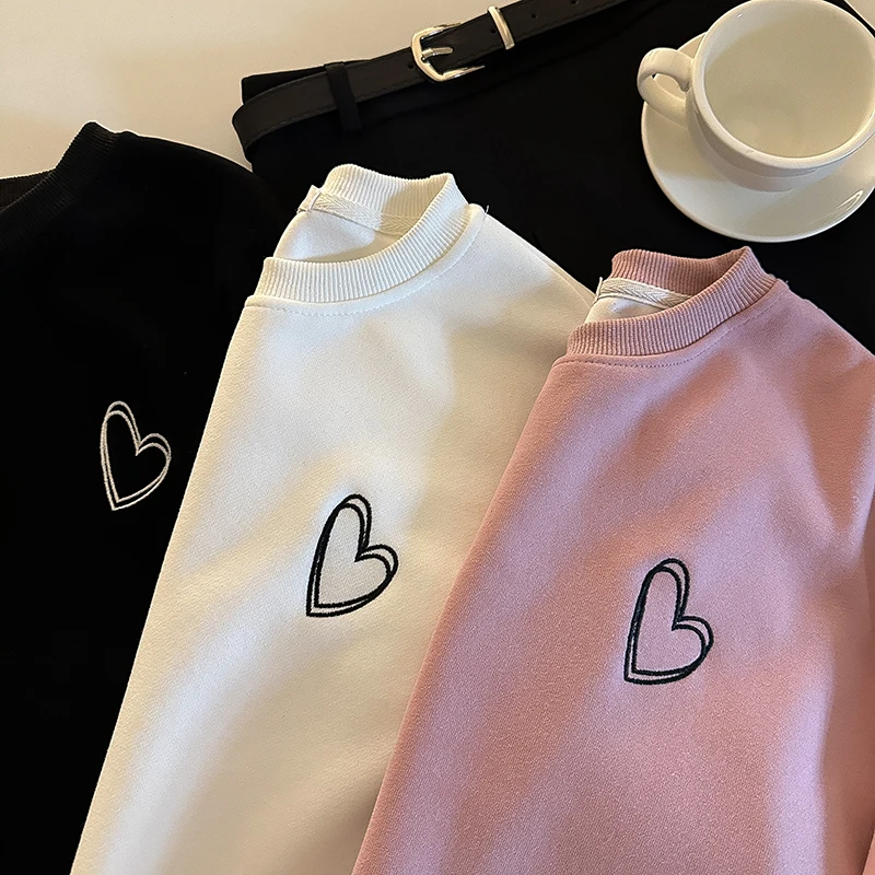 

Simple Solid Hoodies for Women Embroidery Hearts Print Long Sleeve Pullover Sweatershirt 2024 Spring New Female Tops Shirts