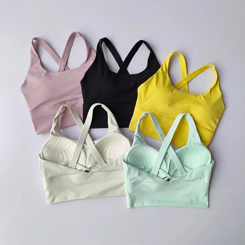 

Solid Color Fitness Women Sport Bra Gym Yoga Bra Athletic Cross Tight Top Workout Train with Chest Pad High Quality Shockproof