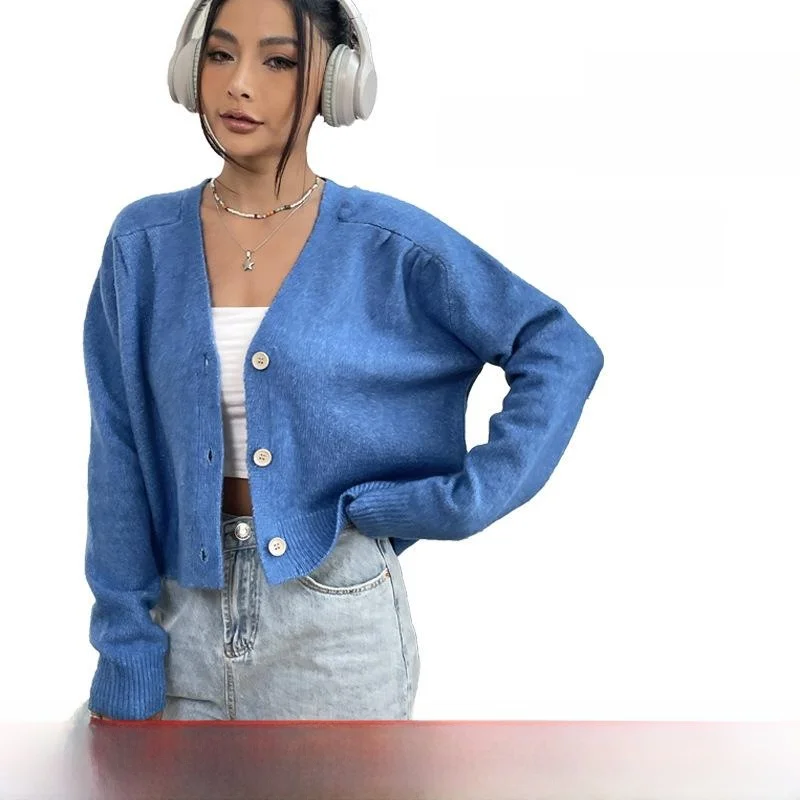 

High Waist Knitted Open Cardigan Long Sve V-Ne Loose Sweater Jaet Women Autumn Winter New Sle Pure Color Simple Design