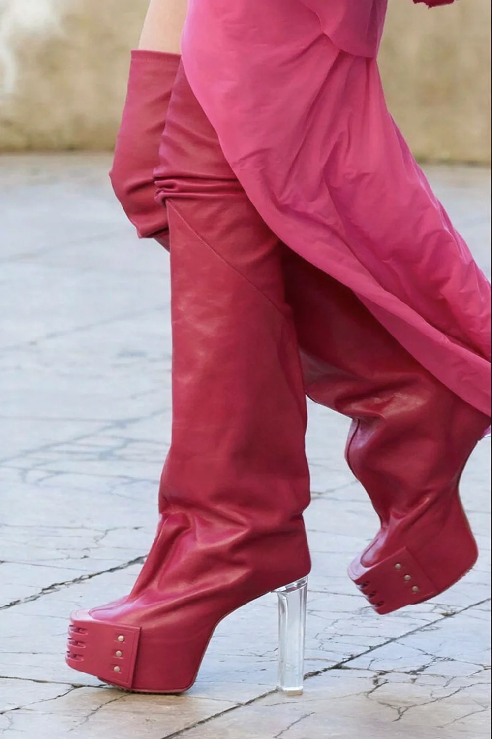 Fashion Runway Style Square Toe Clear Transparent Block High Heel Tall Boots Metal Rivet Decor Slouchy Platform Boots