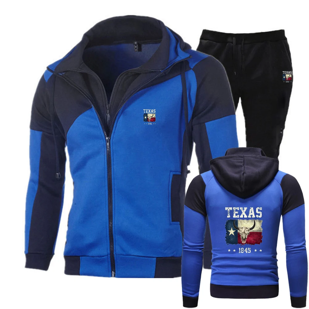 2025 Spring Autumn Texas longhorn cow skull pattern Print Splicing Casual Zipper Hoodies+Sweatpants Street Sports Suit