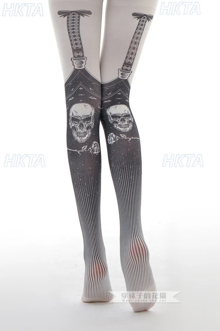 European American Fashion Retro Punk Y2k Gothic Socks Printed Stockings Suspender Skull Print Women Pantyhose Leggings Tights