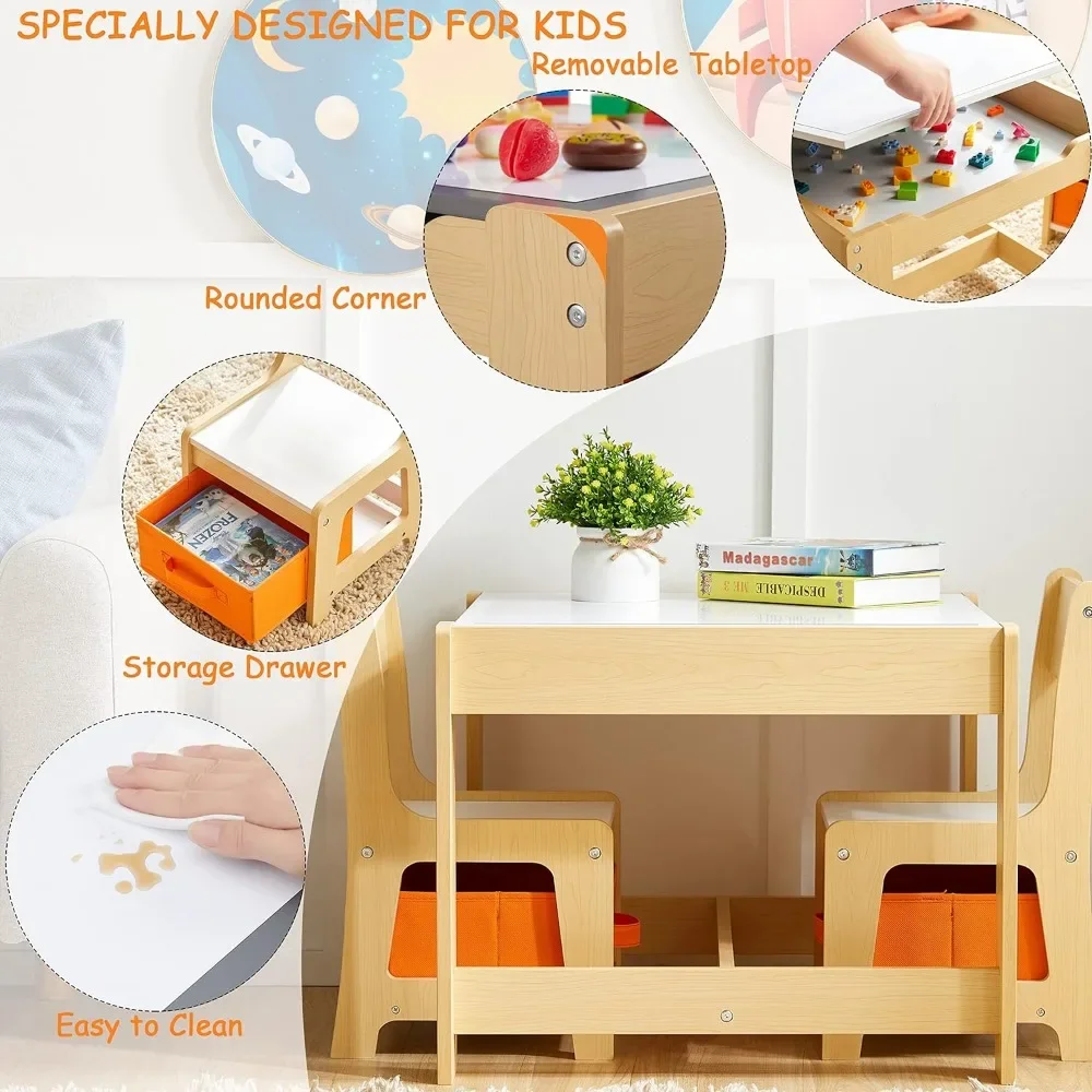 Conjunto de mesa e cadeira infantil, mesa de atividades de madeira 3 em 1 com gaveta, desenhos para crianças, leitura, artesanato, brincadeiras