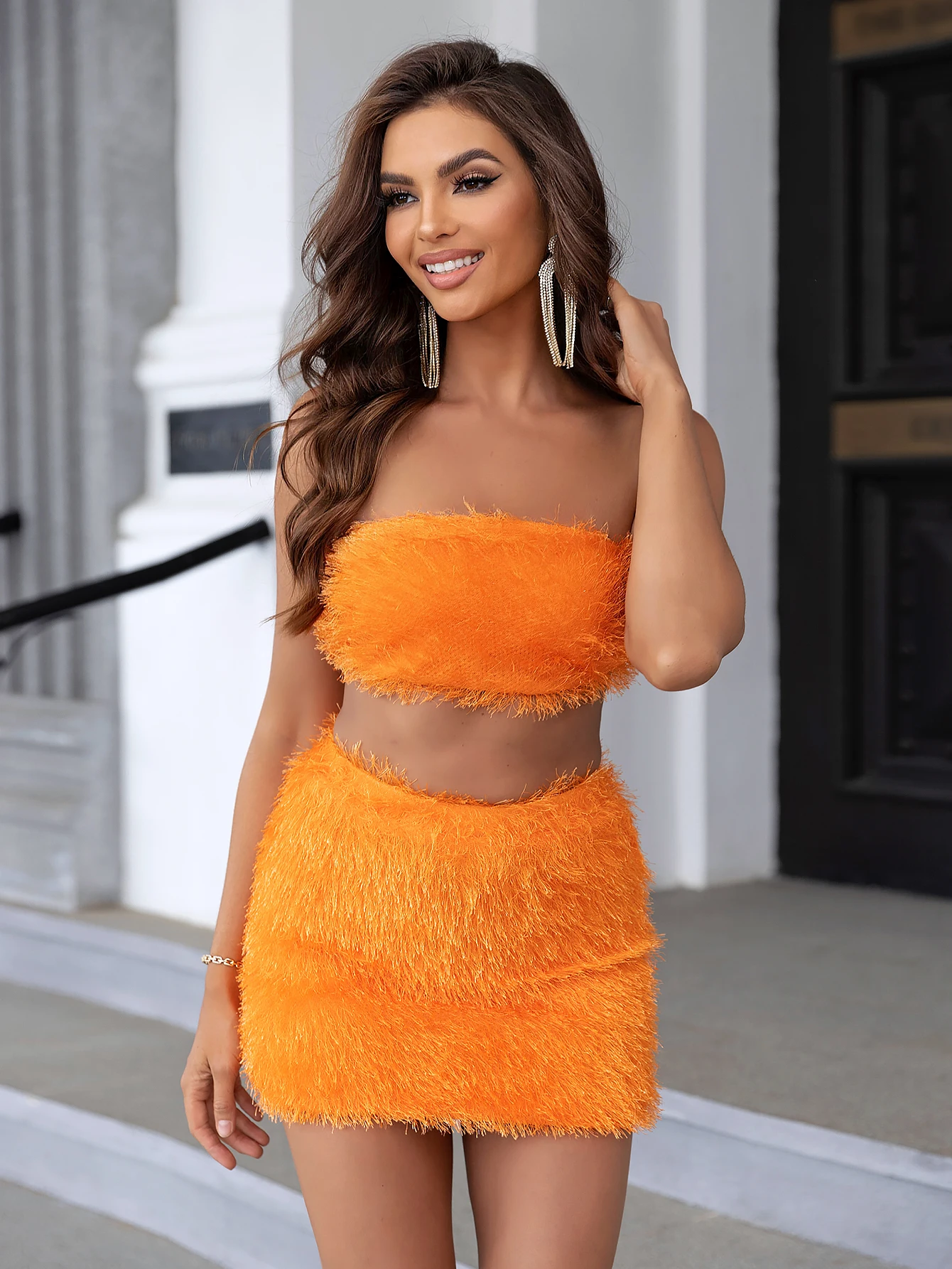 DIWU 2024 Summer and Autumn Sleeveless Chest Top Sexy Solid Color Fur Suit Nightclub  High Fanny Pack Hip Skirt