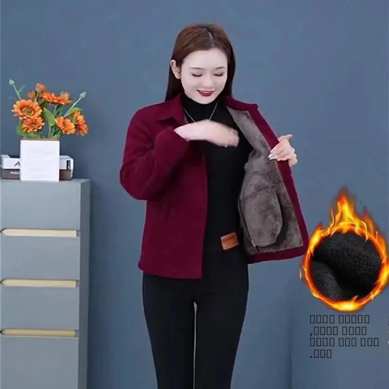 

2023 Autumn Winter Corduroy Jaet for Mom Faionable ort Pure Color Women's Middle-aged Fce-lined Cotton Coat Top