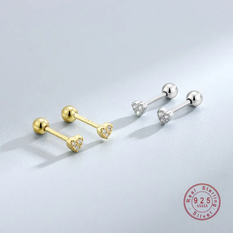 HI MAN  925 Sterling Silver Korean Micro-set Zircon Heart Screw Ball Stud Earrings Women Simple Everyday All-match Jewelry