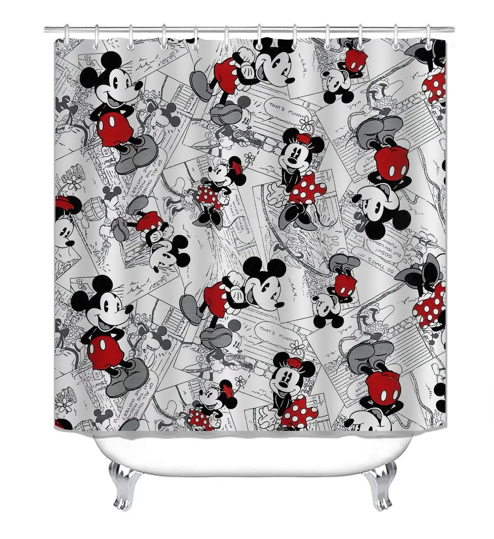 Disney Mickey Minnie 4Pcs Shower Curtain Set with Non-Slip Rugs Toilet Lid Cover Bath Mat Waterproof Bathroom Curtain with Hooks