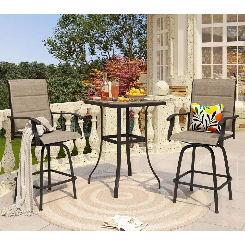 3-Piece Outdoor Swivel Bar Stool Set with Padded Textilene Chairs and High-Top Bistro Table, Weather-Resistant, Brown