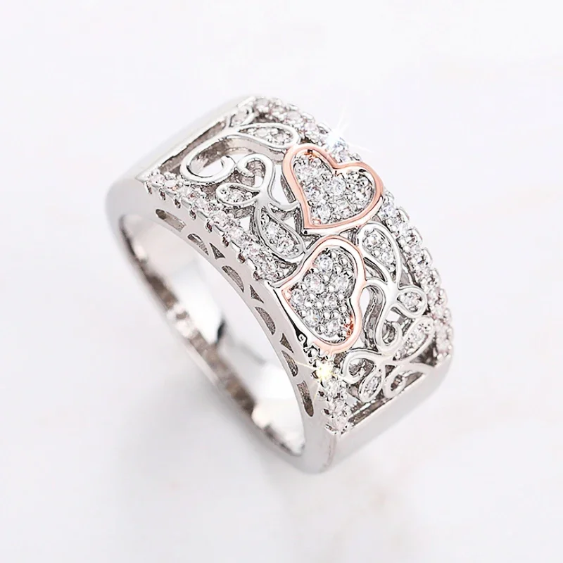 Huitan Unique Design Double Heart Two Tone Rings Women for Engagement Wedding Gorgeous Brilliant CZ Rings Luxury Trendy Jewelry