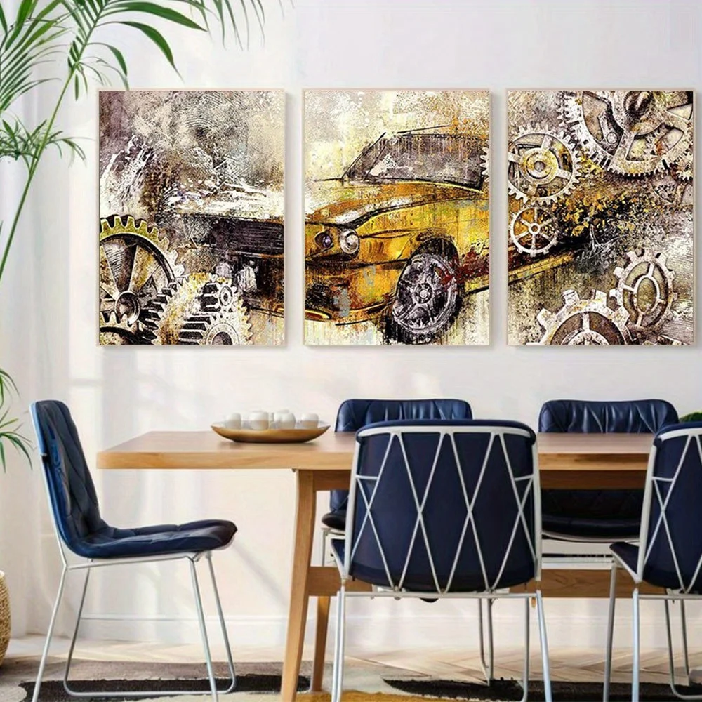 2D Flat, 2D Flat, Set of 3 Unframed 2D Flat Levvarts Canvas Art Featuring a Vintage Car with Mechanical Gears, Ideal for Deco
