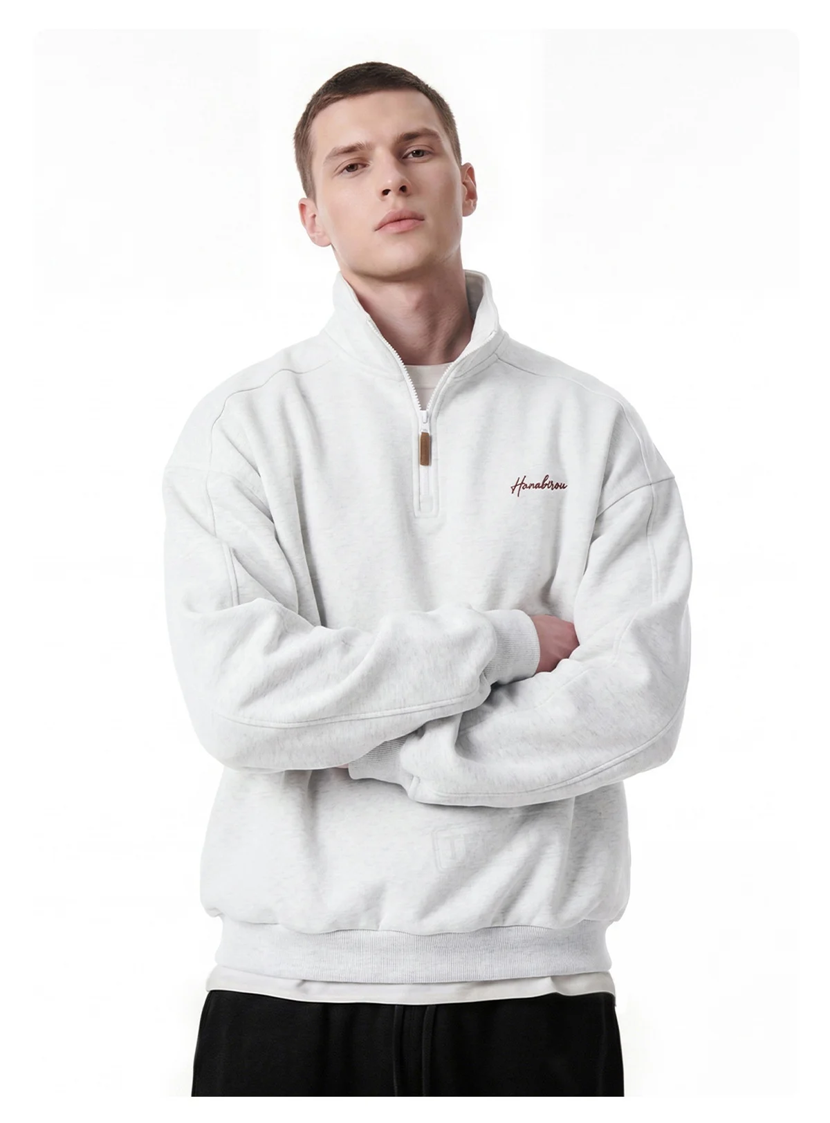 TFETTERS Fall Loose Cotton Half Zip Sweatshirt for Men Heather Gray Stand Collar Minimal Embroidered Casual Tops for Man EU SIZE