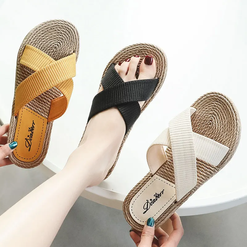 2022 Summer Cross Hemp Thong Platform Wedges Women Slippers Indoor Outdoor Beach Slides High Heels Basic Shoes for Women